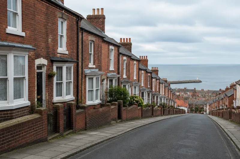 Electricians in Hartlepool: illustration of red-brick terraced houses on a street running down to the sea